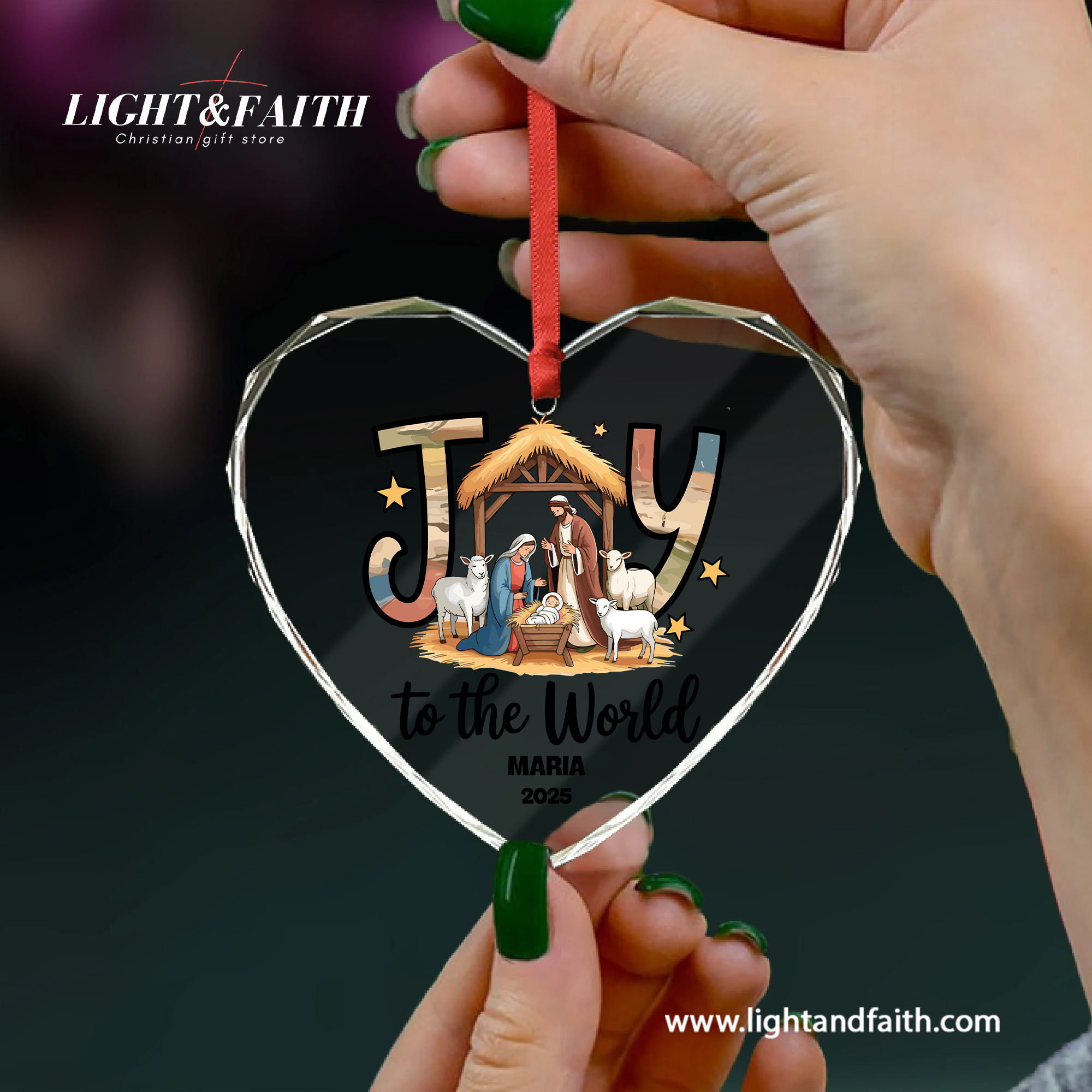 Joy to the World Heart Ornament 2025, Personalized Nativity Scene Ornament, Holy Family Christmas Decor, Christian Faith Gift, Religious Glass Decoration DCLAF57