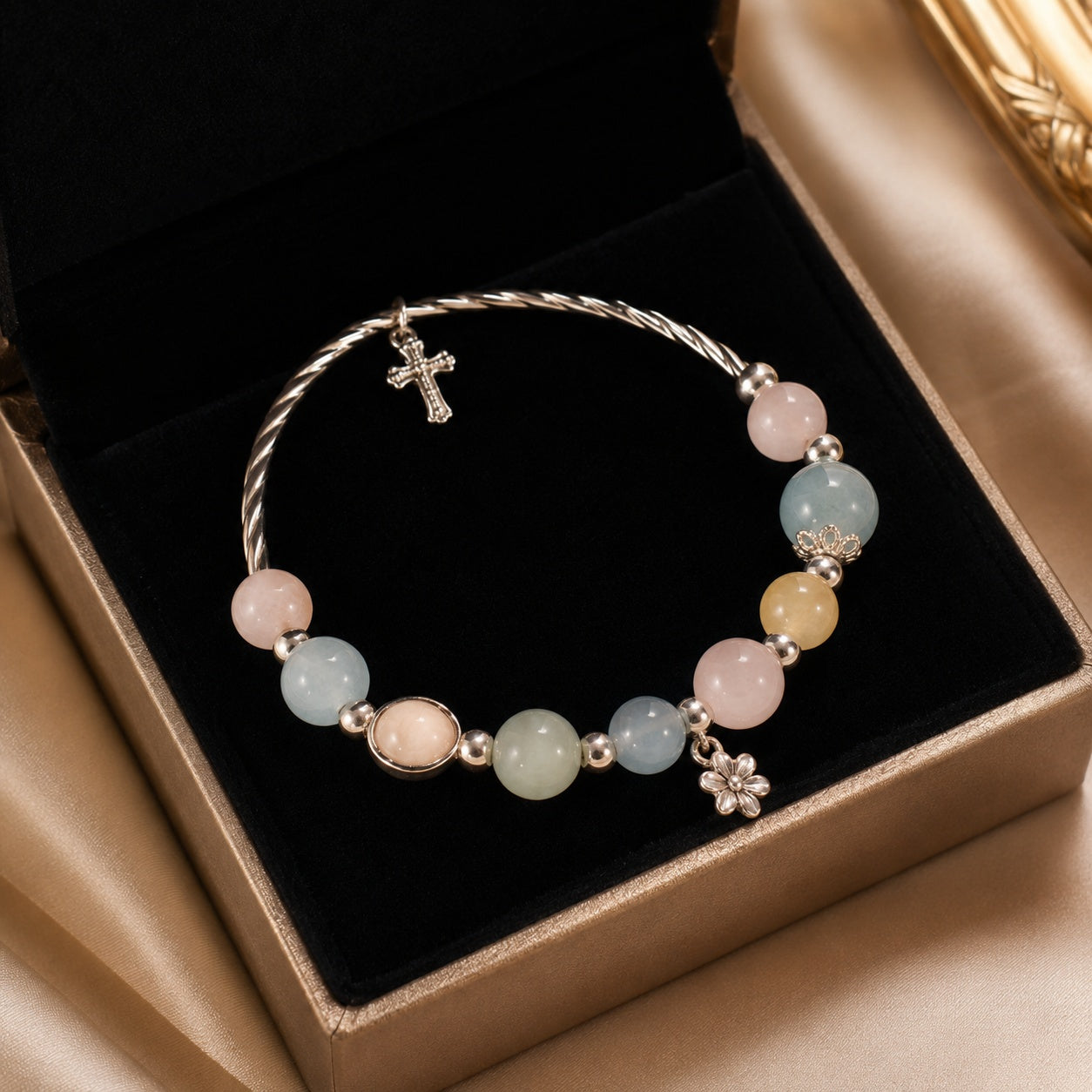 Full Beryl Bracelet With Pendant, Flower Catholic Jewelry, Silver Stone Bracelet For Women, Catholic Bracelet BRLAF12