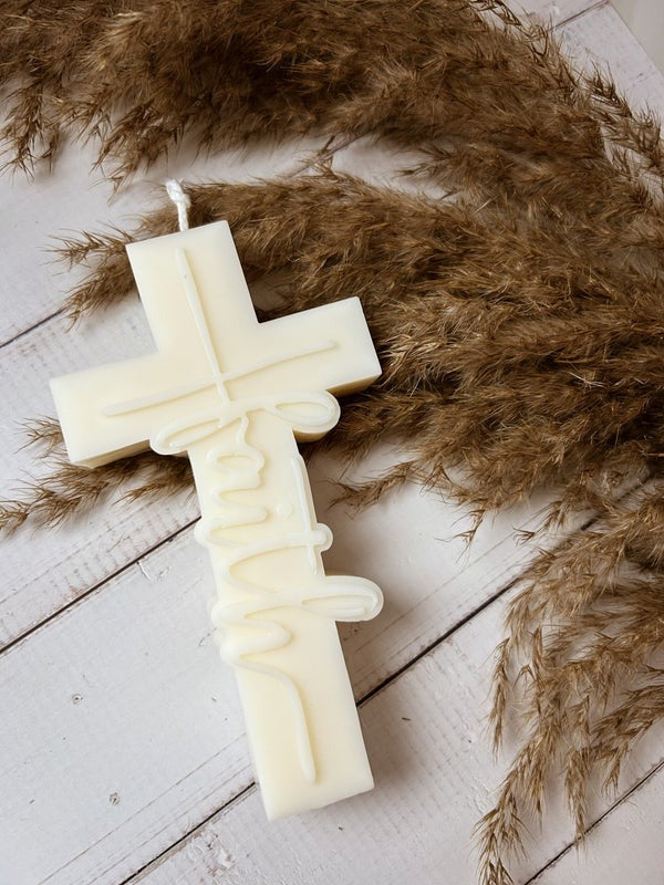Faith Cross Candle, Christian Wax Candle with Raised Lettering, Religious Gift, Prayer Room or Altar Decor CDLAF07