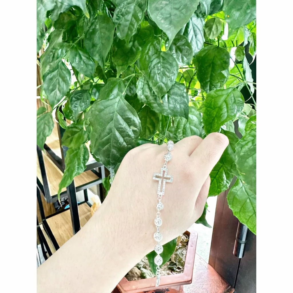 Catholic Sterling Silver Bead Bracelet, 925 Silver Rosary Bracelet, Cross Charm Bracelet, Christian Jewelry, Prayer Bracelet, Gift for Him Her