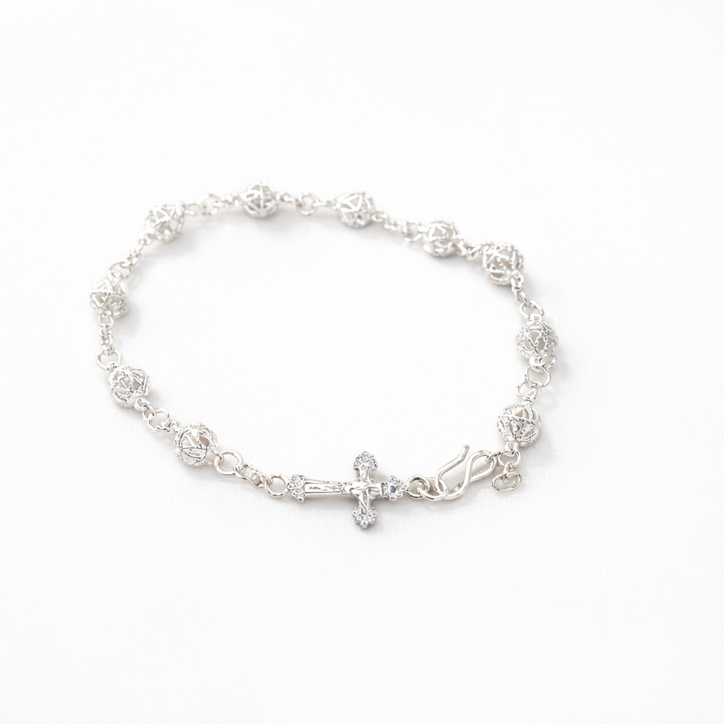 Rosary Bracelet for Women in Sterling Silver, Catholic Cross Bracelet, Elegant Christian Jewelry, Beaded Faith Bracelet, Religious Gift for Her