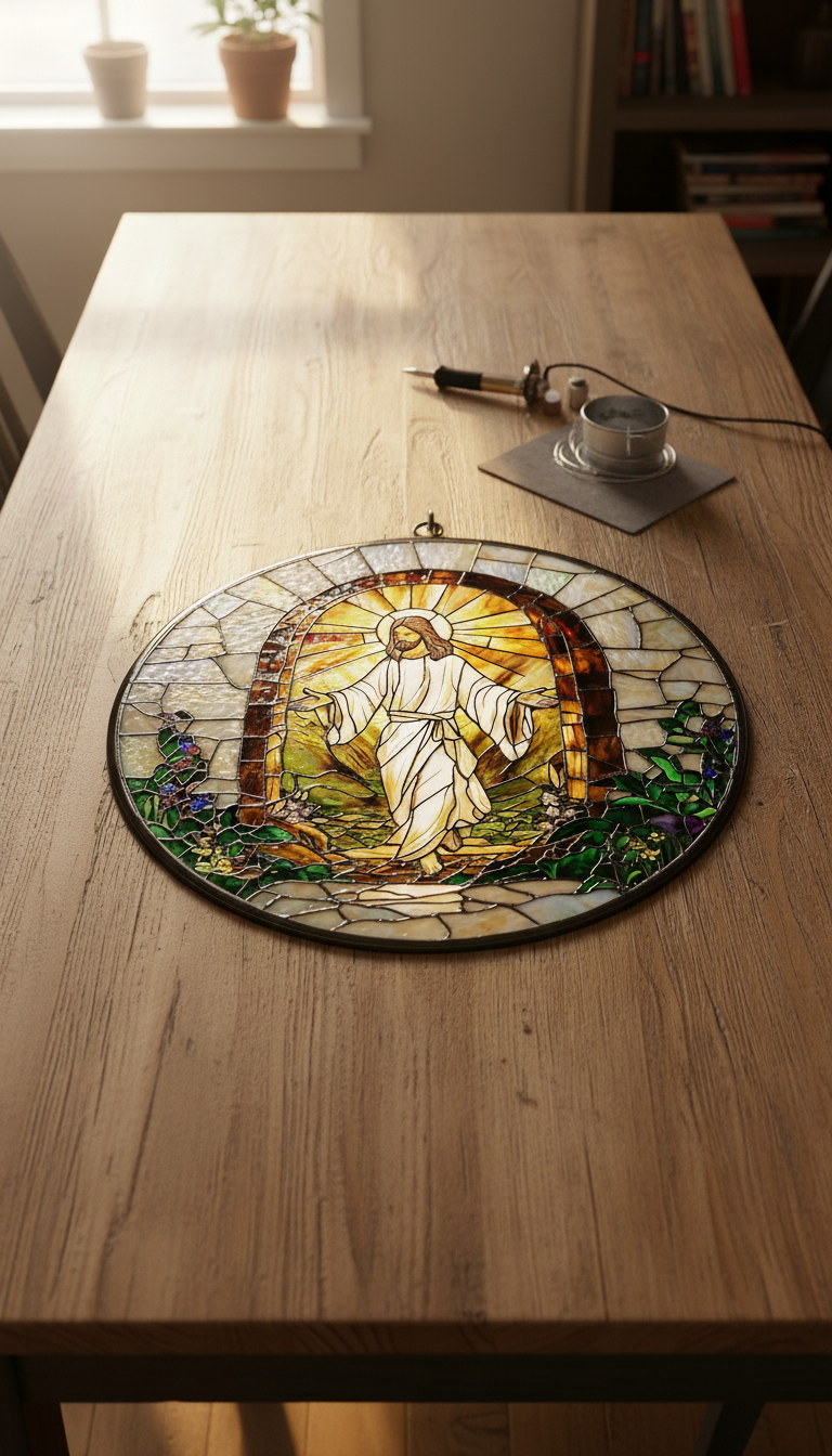 Risen Jesus Stained Glass Suncatcher, Resurrection Window Hanging, Christian Home Decor, Religious Sun Catcher, Easter Gift, Faith Based Window Art SCLAF18