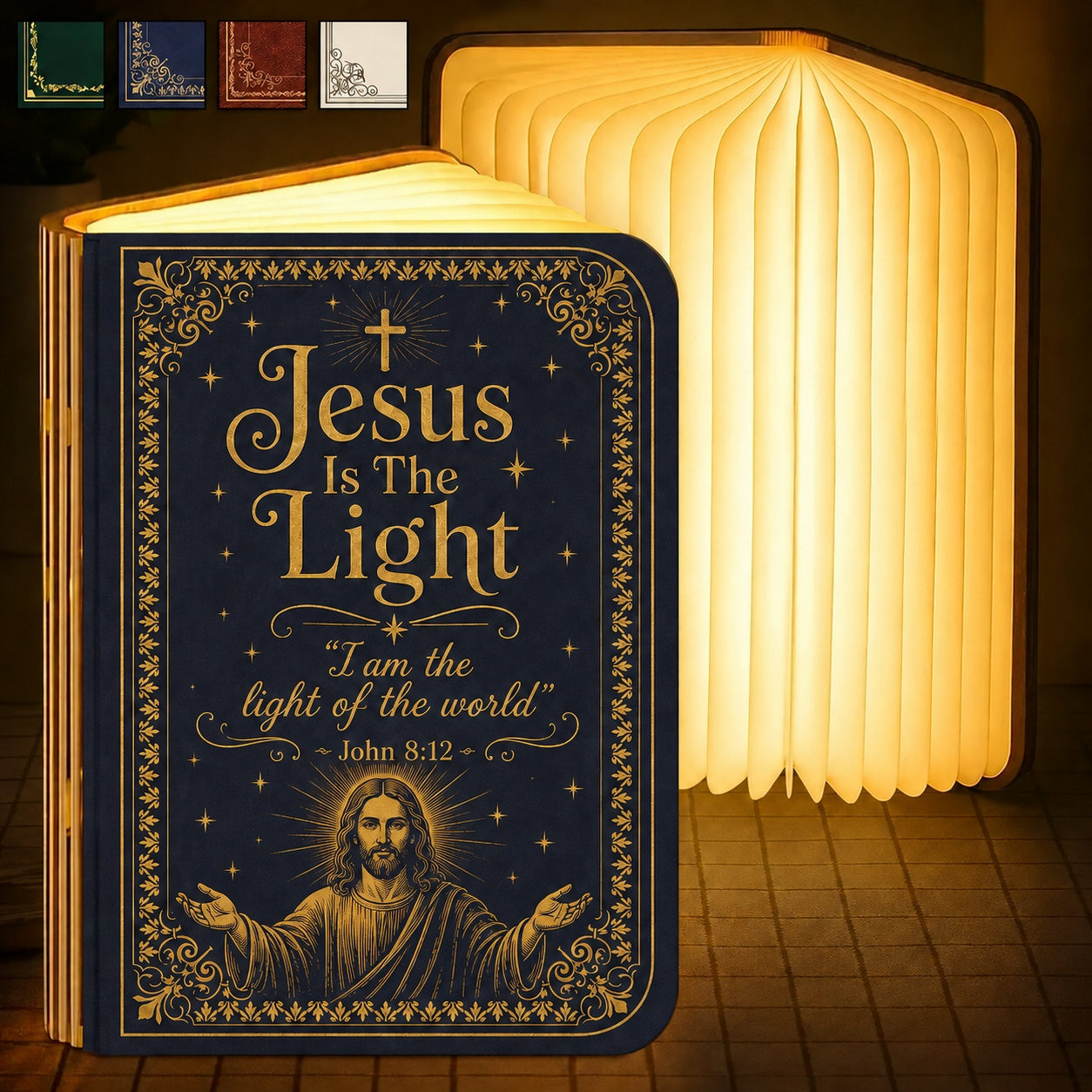 Personalized Jesus Is The Light - John 8:12 Bible Book Lamp, Christian LED Folding Book Light, Custom Christian Gift, The Bible LED Book Light, Baptism Gift BLLAF09