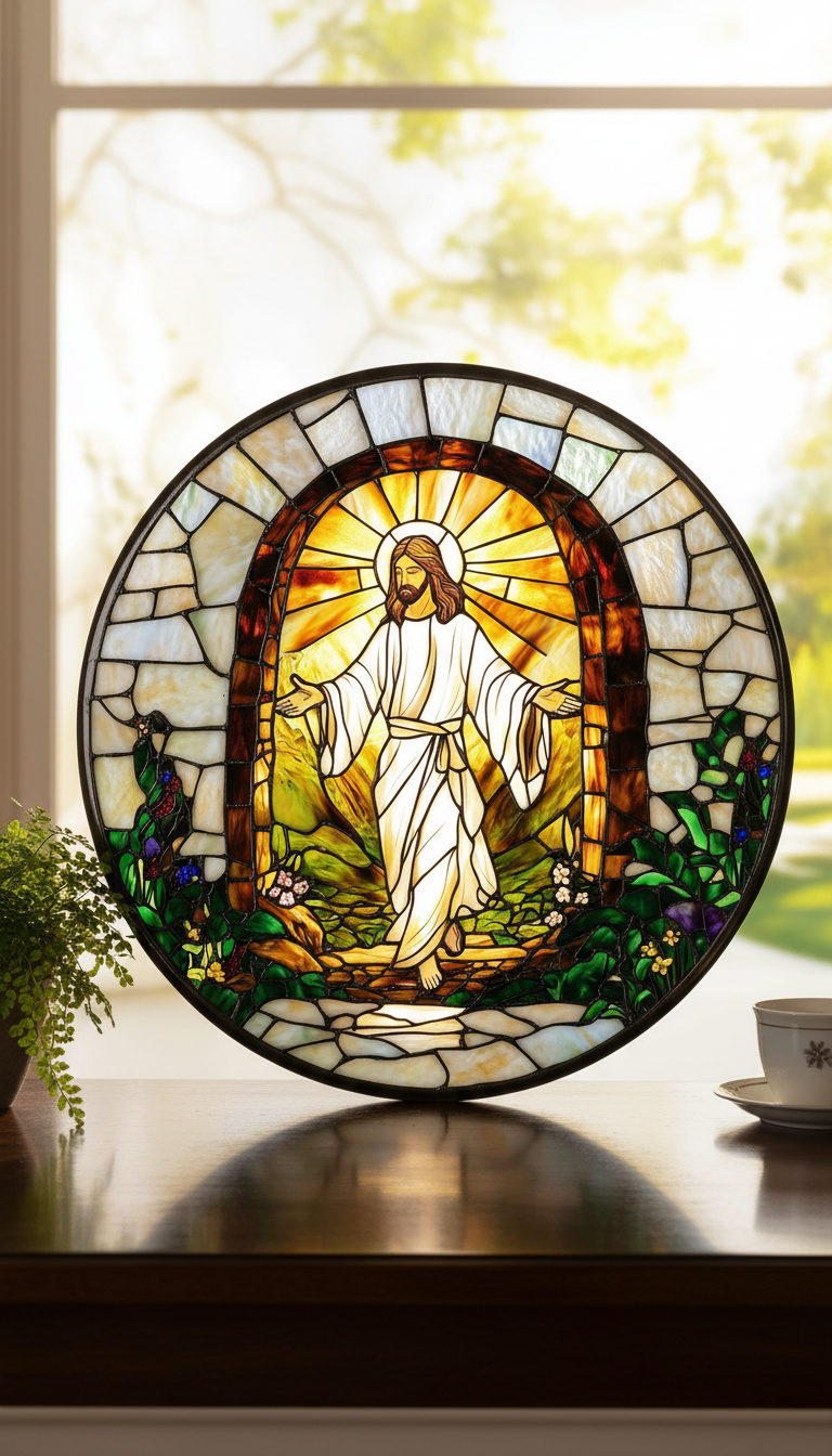 Risen Jesus Stained Glass Suncatcher, Resurrection Window Hanging, Christian Home Decor, Religious Sun Catcher, Easter Gift, Faith Based Window Art SCLAF18