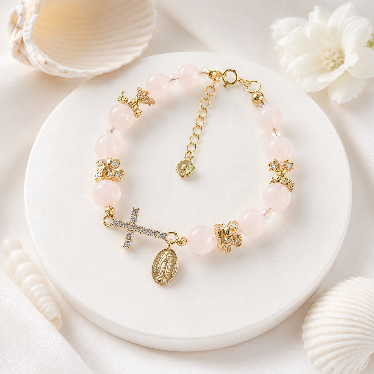 Pink Catholic Rosary Bracelet with Virgin Mary Medal and Crystal Cross, Prayer Jewelry Gift with Beads VTBR08