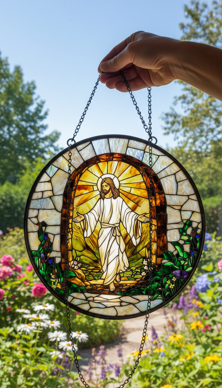 Risen Jesus Stained Glass Suncatcher, Resurrection Window Hanging, Christian Home Decor, Religious Sun Catcher, Easter Gift, Faith Based Window Art SCLAF18