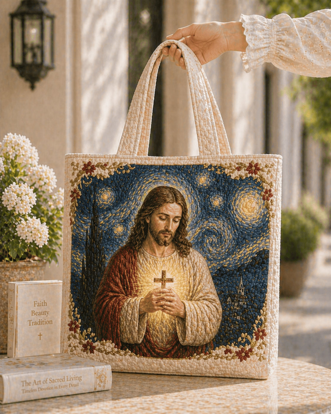 Jesus Starry Night Quilt Bag, Jesus Sacred Heart Quilt Tote Bag, Catholic Religious Shoulder Bag with Cross and Starry Night Design, Christian Faith Bag with Cross QTTB08