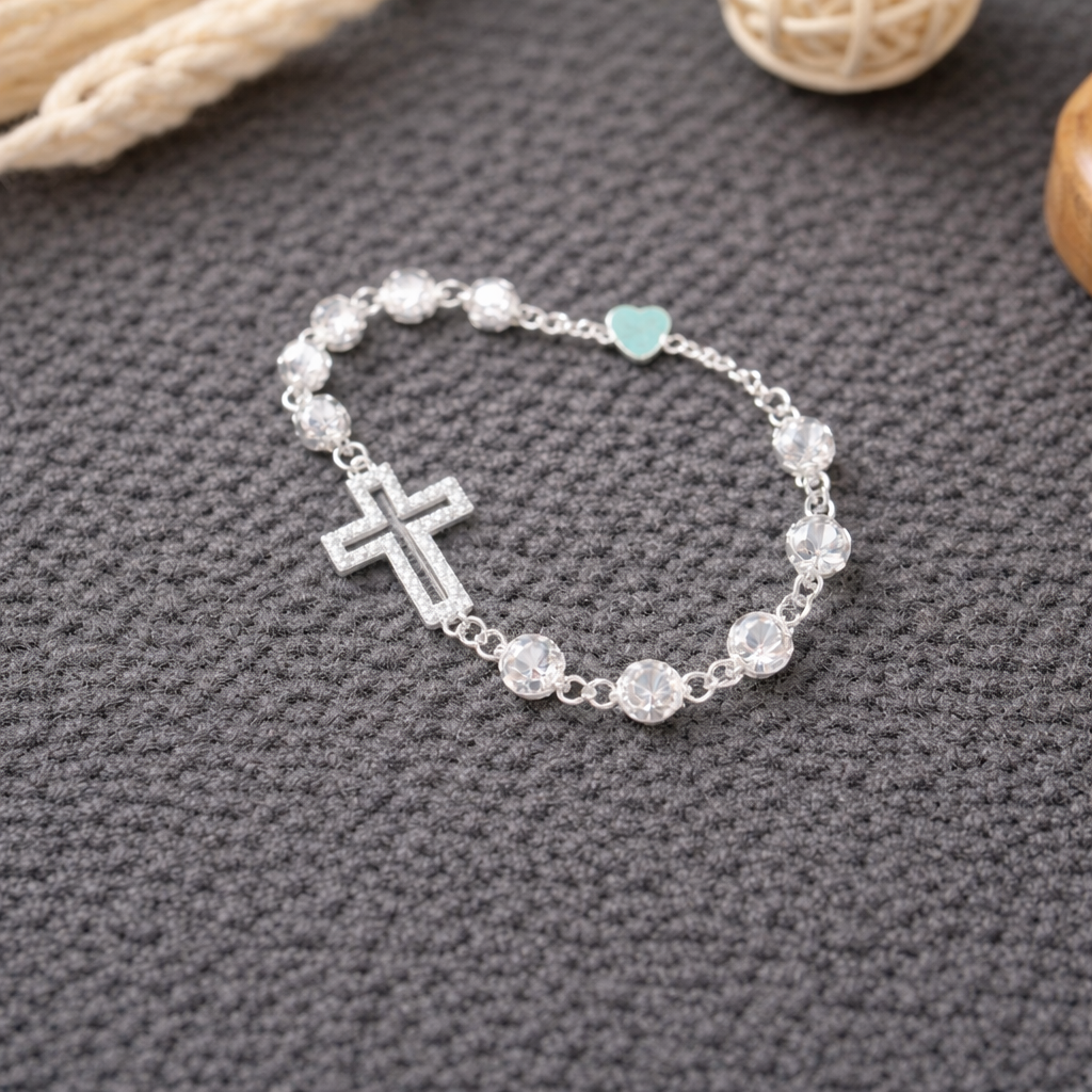 Catholic Sterling Silver Bead Bracelet, 925 Silver Rosary Bracelet, Cross Charm Bracelet, Christian Jewelry, Prayer Bracelet, Gift for Him Her