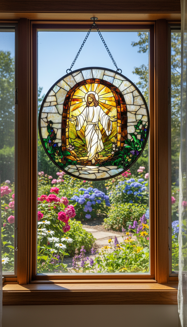 Risen Jesus Stained Glass Suncatcher, Resurrection Window Hanging, Christian Home Decor, Religious Sun Catcher, Easter Gift, Faith Based Window Art SCLAF18