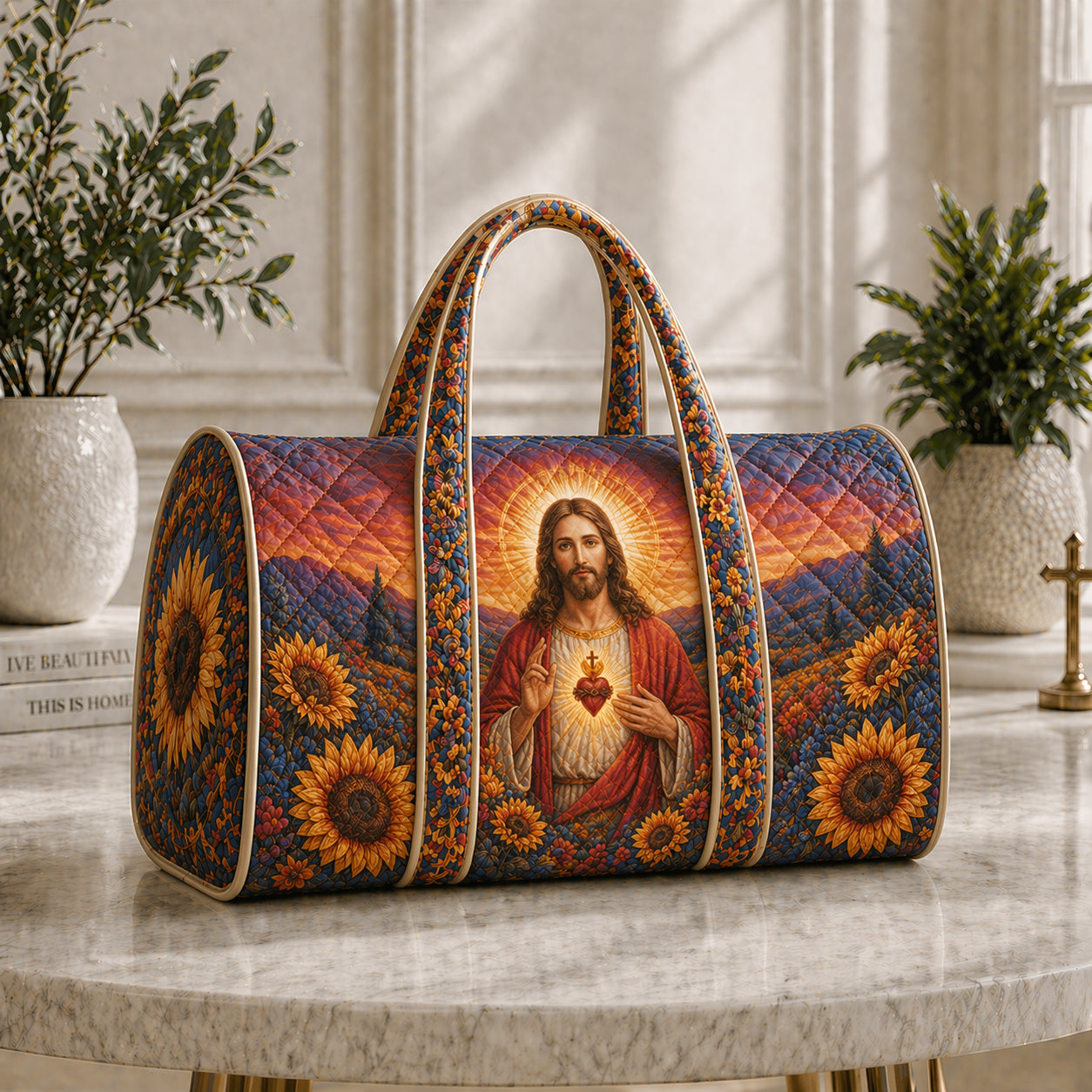 Sacred Heart Jesus Quilted Duffle Bag, Christian Faith Weekender Bag, Sunflower Religious Travel Bag, Catholic Gift For Women QDB09