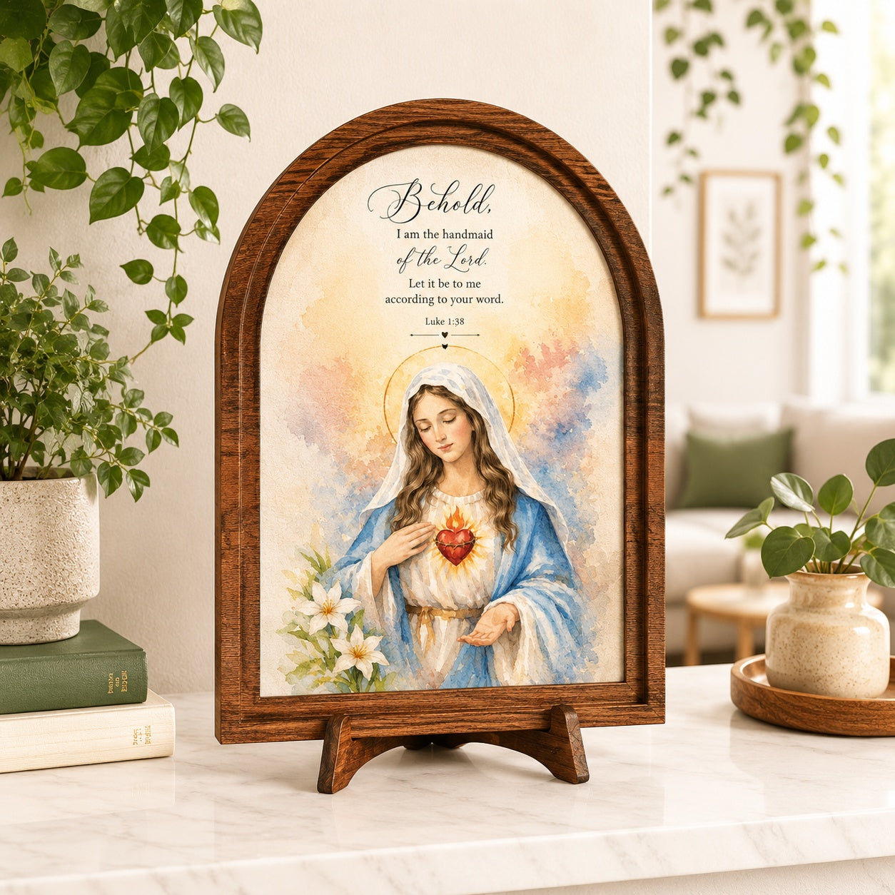 Immaculate Heart of Mary Watercolor Art Wooden Sign, Our Lady Sign, Arched Tabletop Plaque, Catholic Home Decor & Spiritual Gift WS09