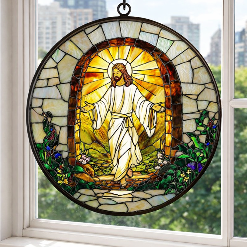 Risen Jesus Stained Glass Suncatcher, Resurrection Window Hanging, Christian Home Decor, Religious Sun Catcher, Easter Gift, Faith Based Window Art SCLAF18