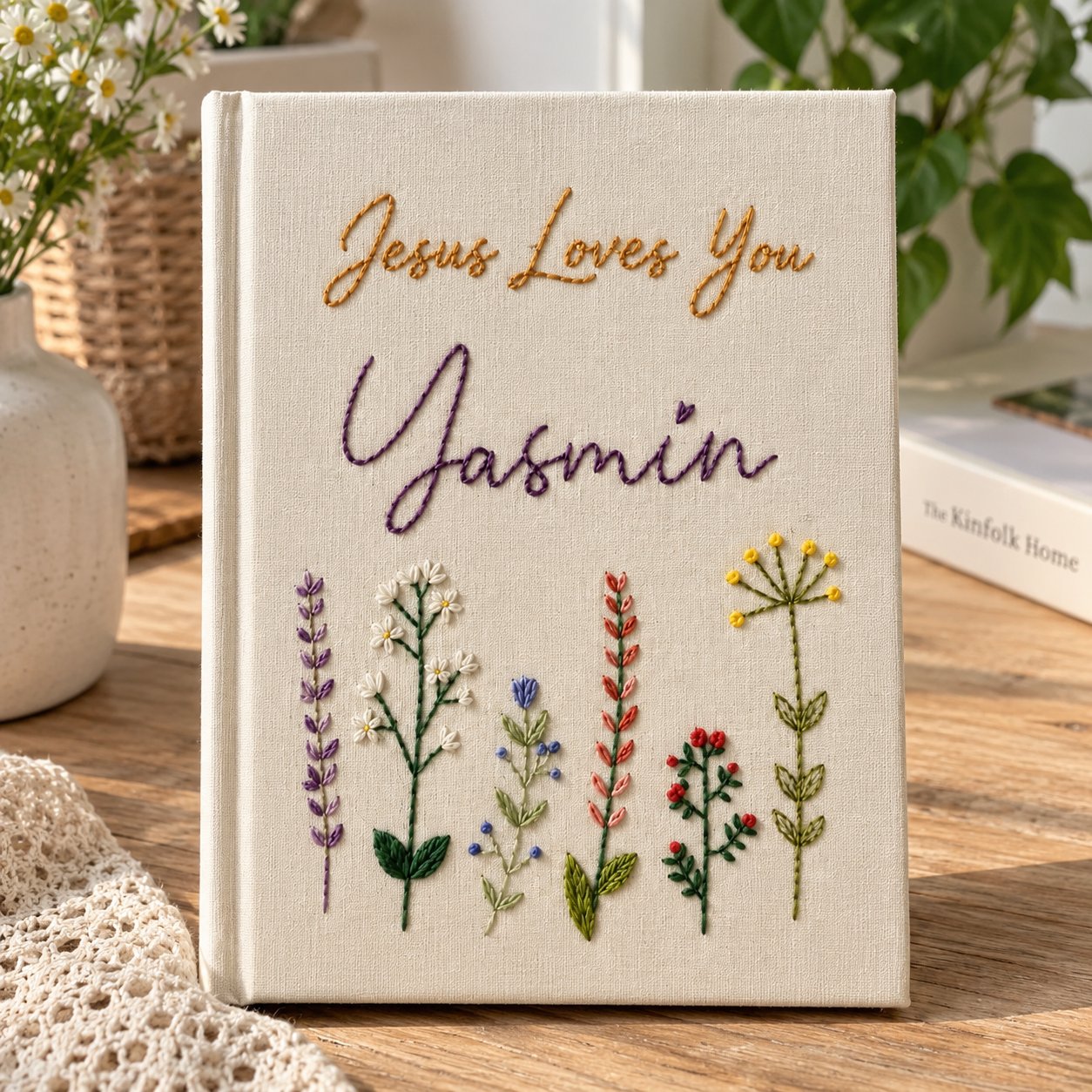 Personalized Christian Hand-Embroidery Journal, Jesus Loves You Notebook, Floral Linen Bible Journal, Custom Prayer Notebook, Embroidery Faith Gift NB11