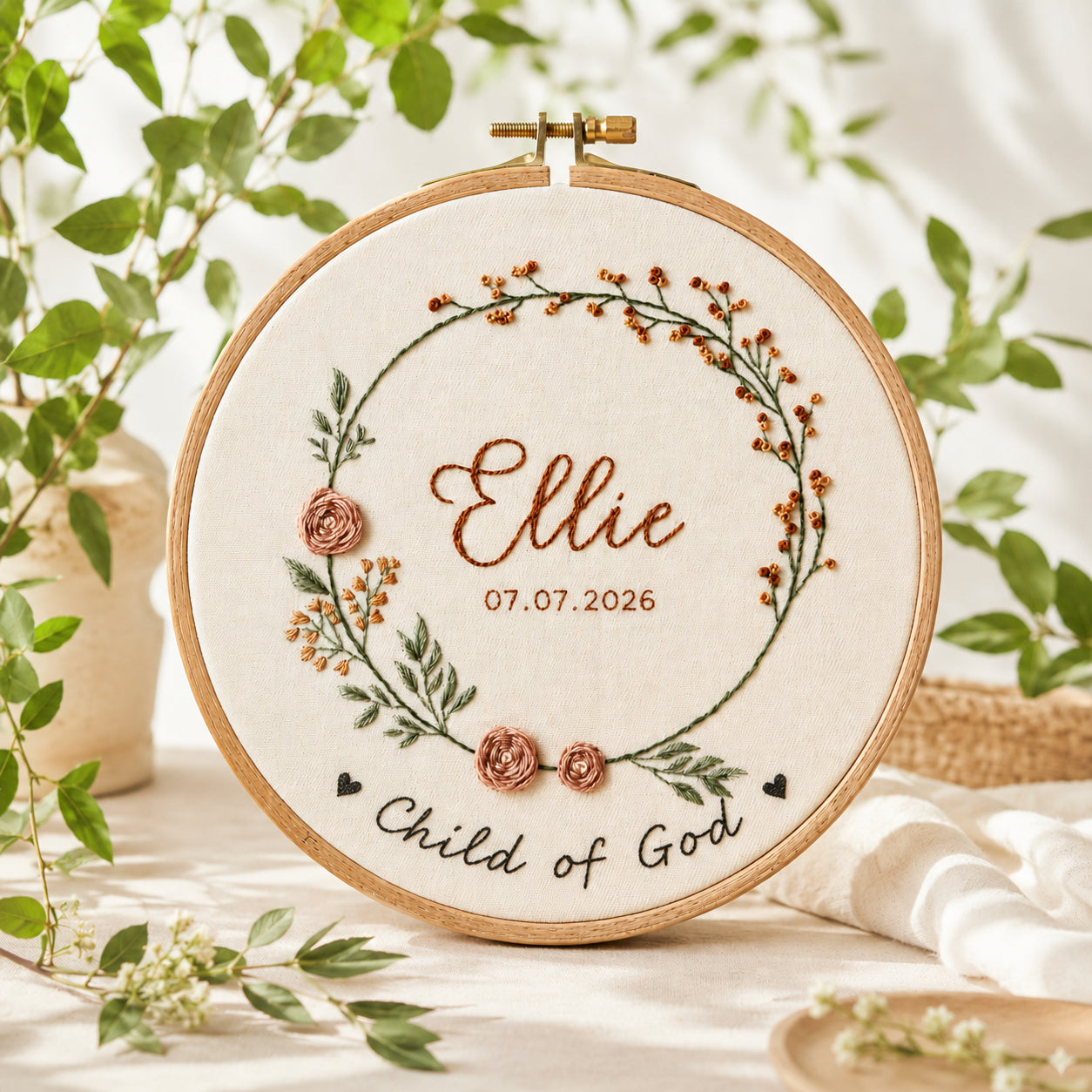 Hand-Embroidered Baby Baptism Keepsake Hoop Art, Embroidered Hoop, Personalized Name Sign, Child Of God, Floral Hoop, Faith Hanging Decor Gift EHA26