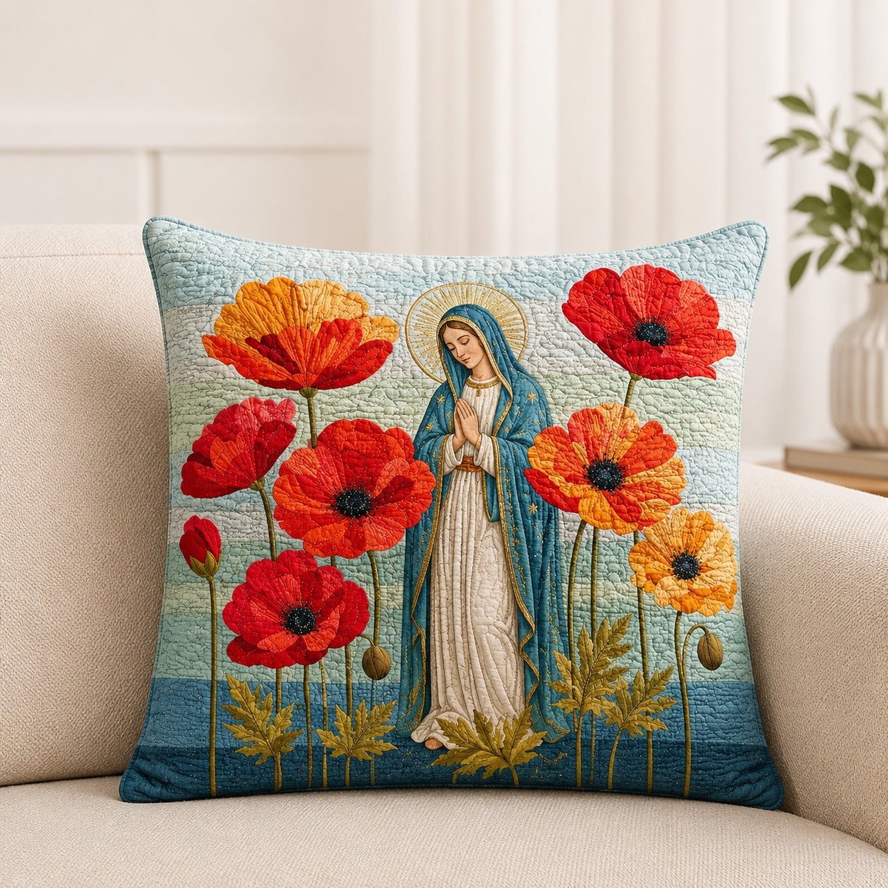 Virgin Mary Poppy Flower Quilted Pillow Case, Our Lady Catholic Pillow Cover, Marian Christian Home Decor, Religious Gift QPILLOW08