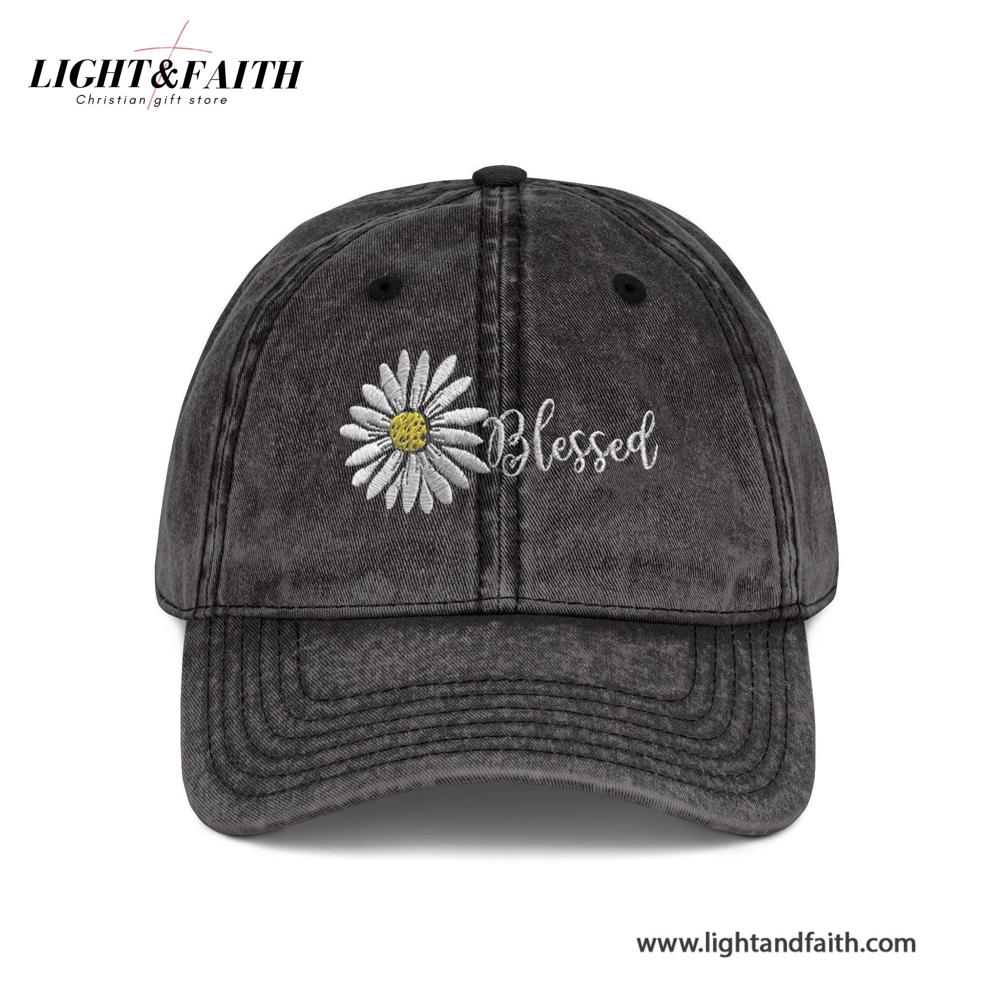 Blessed Daisy Embroidered Cap, Christian Faith Washed Black Cap For Women, For Men, Inspirational Floral Baseball Hat Gift For Believers LAFH09