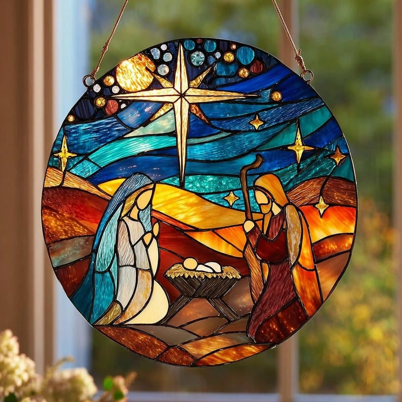 Nativity Scene Stained Glass Suncatcher, Baby Jesus Christmas Window Hanging, Star of Bethlehem Decor, Holy Family Religious Gift GLASS09