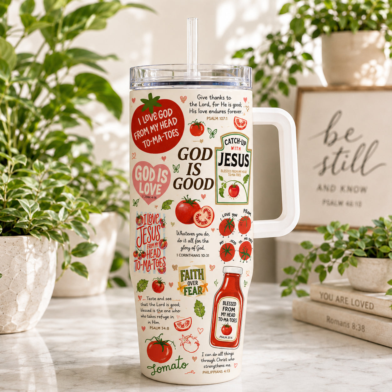 Tomato Faith 30oz/40oz Stainless Steel Tumbler with Handle, Christian Fruits/Bible Travel Mug, Custom Faith Tumbler, Insulated Mug with Straw, Christian Gift TUMB09