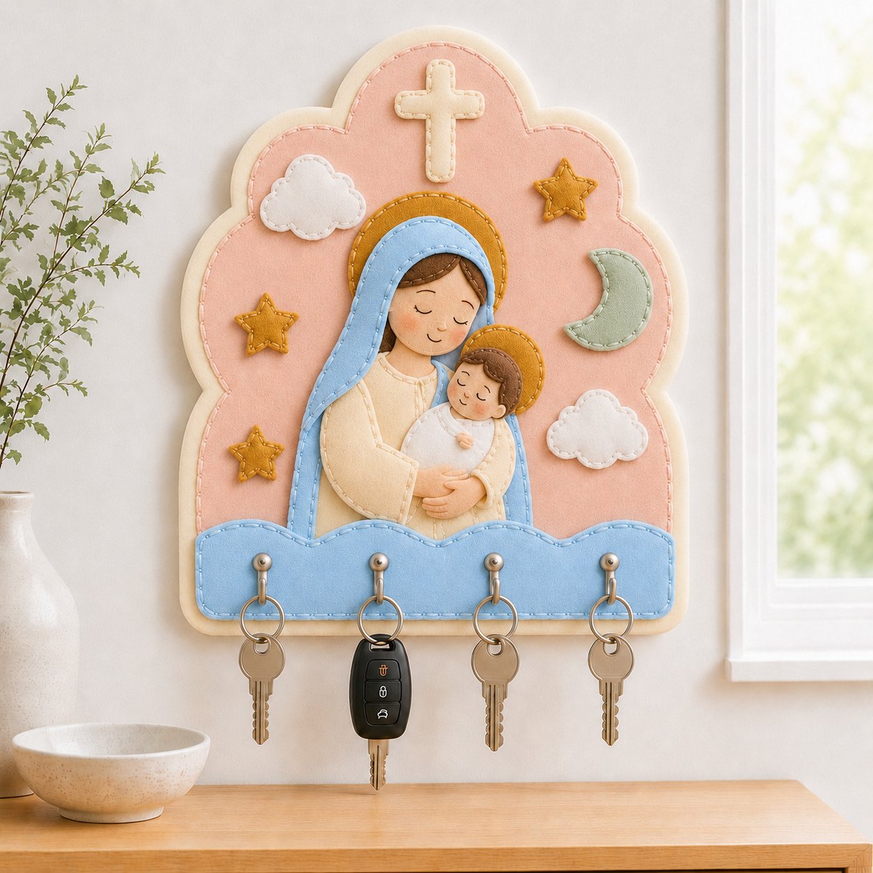 Virgin Mary and Baby Jesus Wall Felt Key Holder, Christian Wall Key Rack, Handmade Catholic Home Decor, Religious Housewarming Gift, Felt Custom FELTHD08