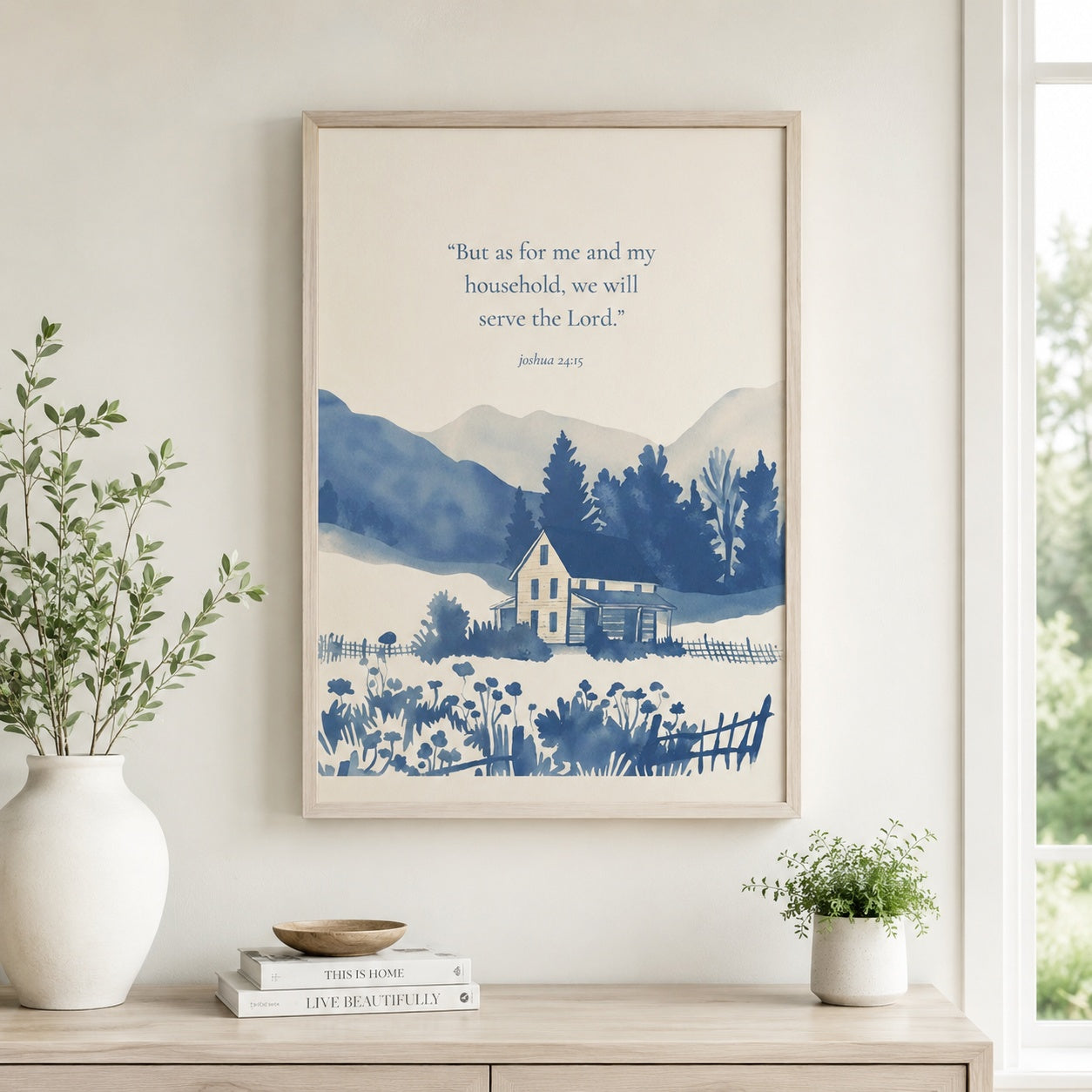 Joshua 24:15 Christian Wall Art, As for Me and My House Scripture Poster, Blue Farmhouse Landscape Print, Religious Home Decor PTN01