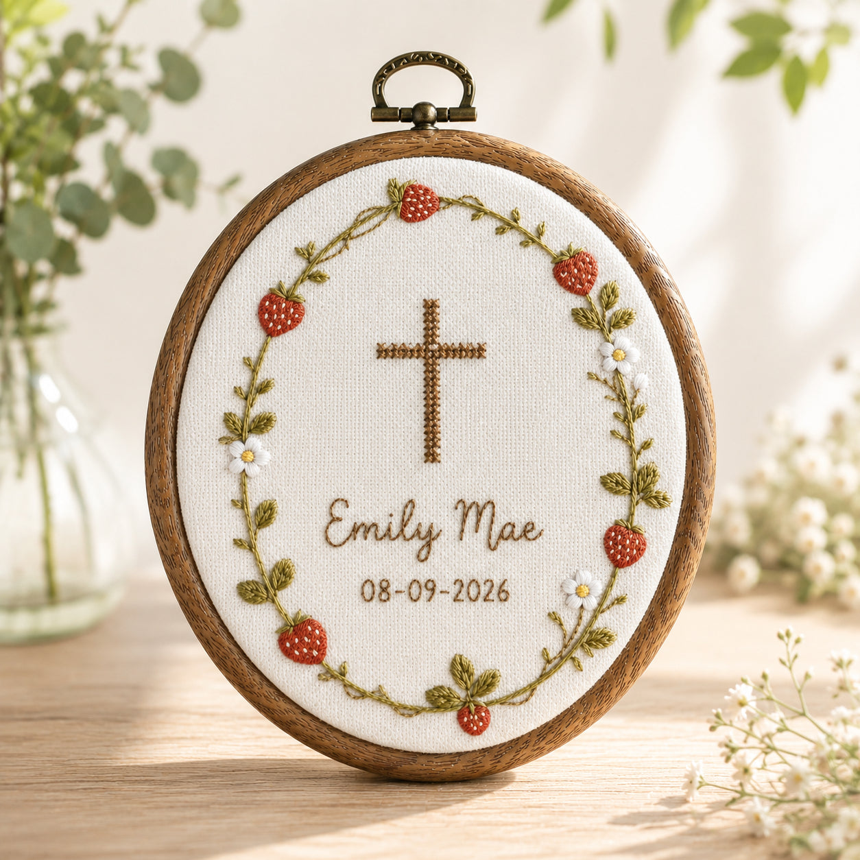 Personalized Hand Embroidered Strawberry Floral Cross Hoop Art, Custom Baby Name and Baptism, Floral Christian Keepsake, Christian Hoop Art, Nursery Gift EHA37