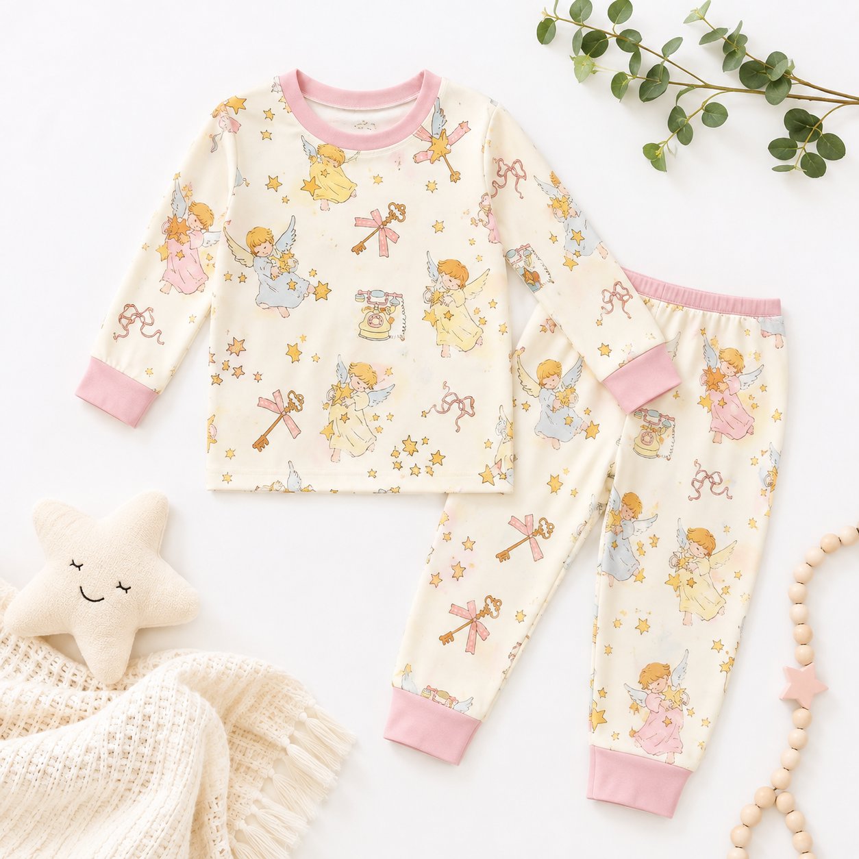 Vintage Angel Bamboo Baby Kids Pajamas Set, Pink Celestial Toddler PJs, Guardian Angel Sleepwear, Christian Gift for Girls BBPJSS07