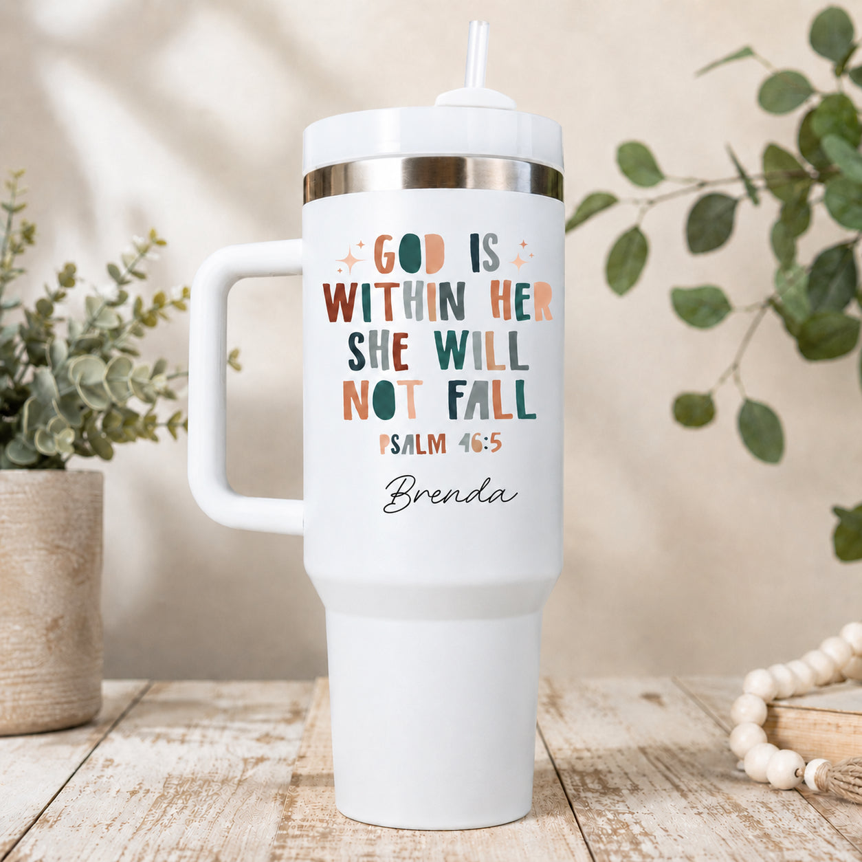 God Is Within Her She Will Not Fall Tumbler, Psalm 46:5 Bible Verse Cup with Handle, Christian Gift for Her LAFN08