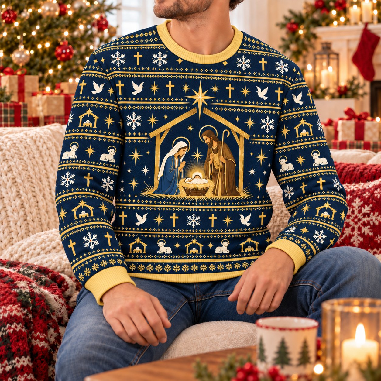 Nativity Scene Ugly Christmas Sweater, Holy Family Christian Holiday Sweatshirt, Religious Xmas Pullover, Faith Gift for Men Women XMASUS09