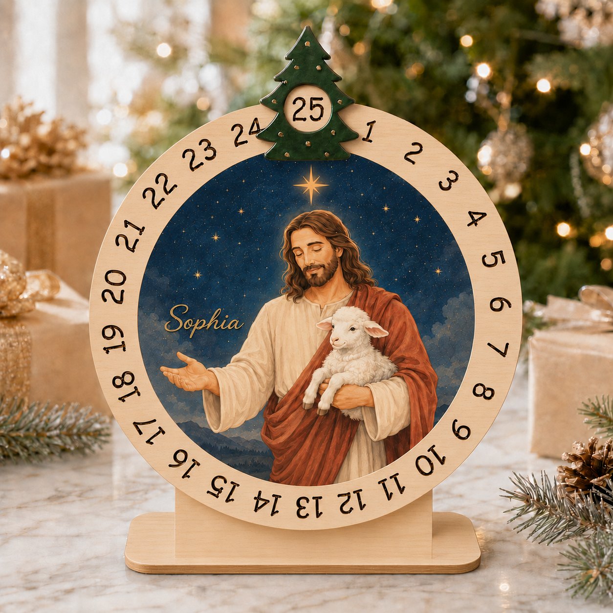 Wooden Jesus Lamb Advent Calendar, Jesus Christmas Wooden Sign, Custom Tabletop Religious Gift, Spinning Wheel Christmas Countdown Decor, Religious Christian Christmas Gift XMASW06