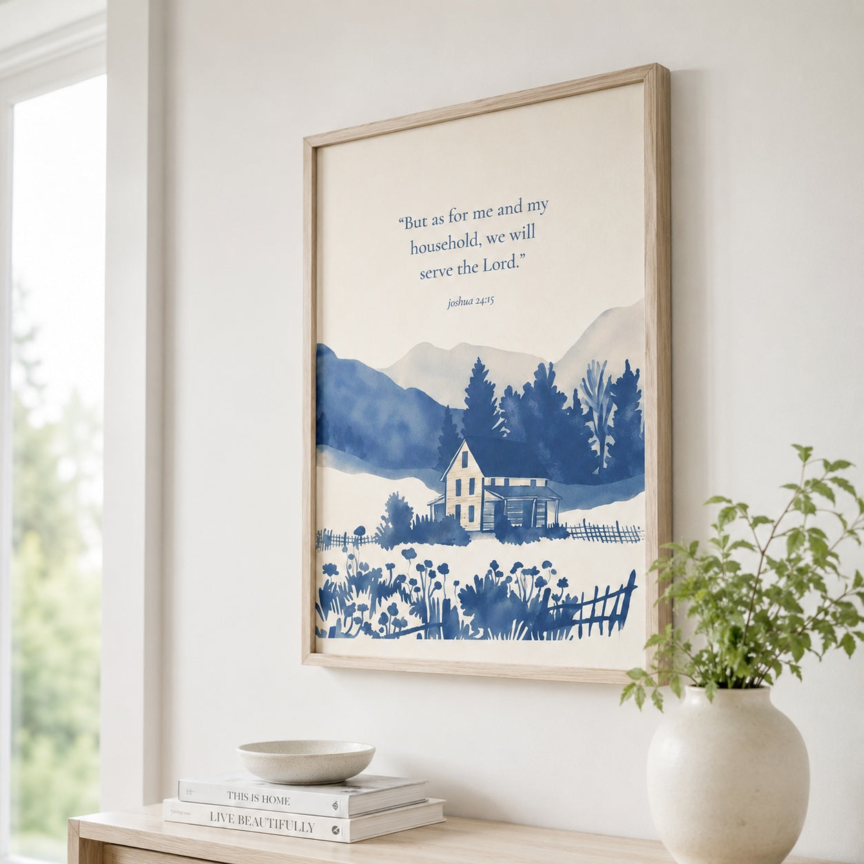 Joshua 24:15 Christian Wall Art, As for Me and My House Scripture Poster, Blue Farmhouse Landscape Print, Religious Home Decor PTN01