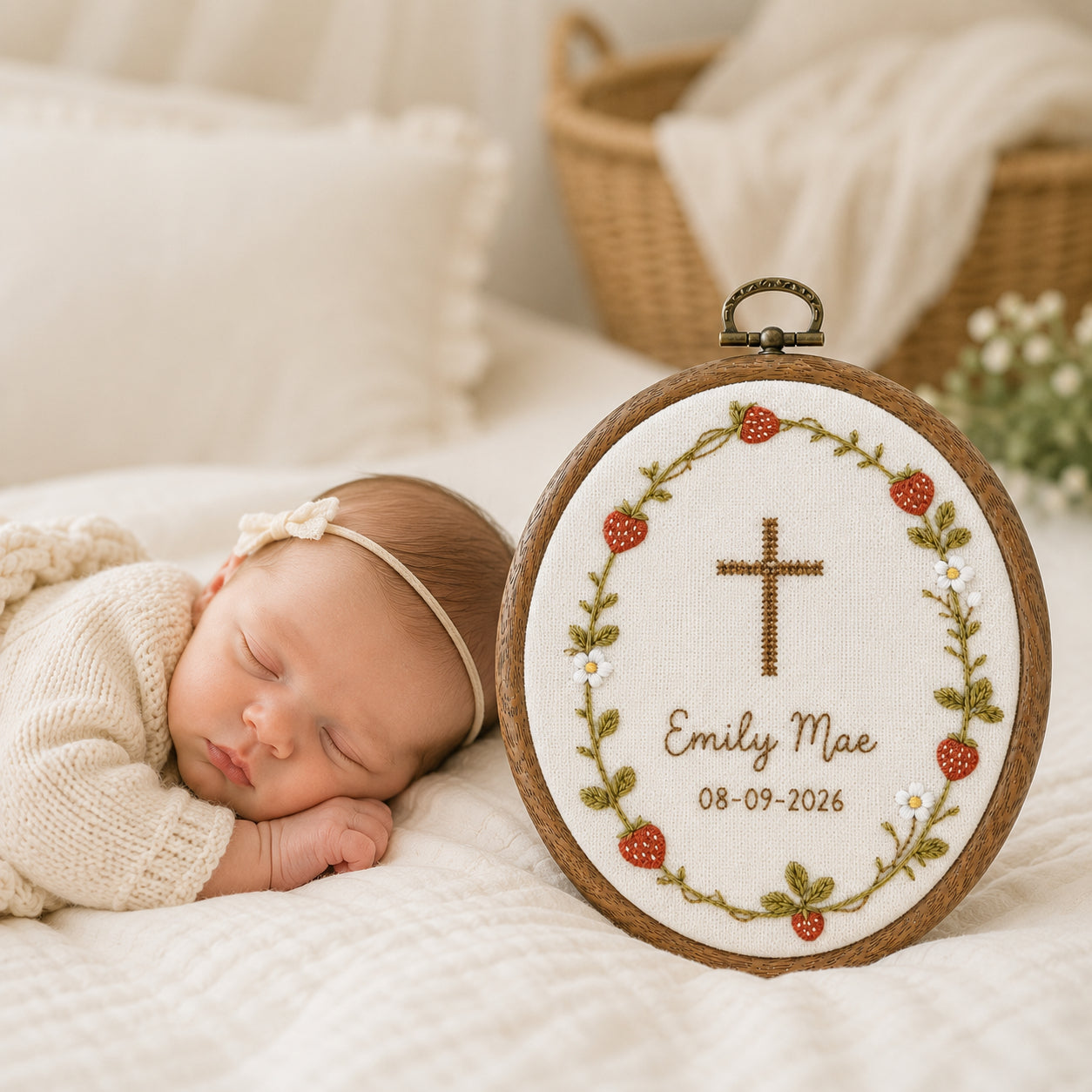 Personalized Hand Embroidered Strawberry Floral Cross Hoop Art, Custom Baby Name and Baptism, Floral Christian Keepsake, Christian Hoop Art, Nursery Gift EHA37