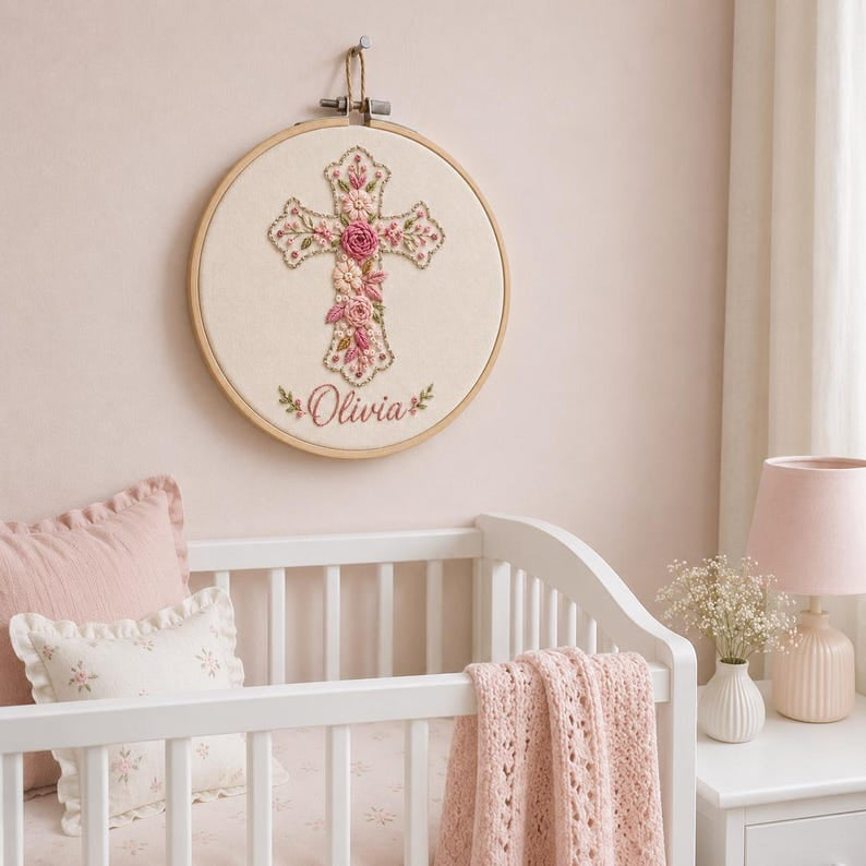 Personalized Floral Rose Cross Embroidery Hoop Art, Custom Name Christian Wall Decor, Baptism Gift, Handmade Religious Keepsake EH13
