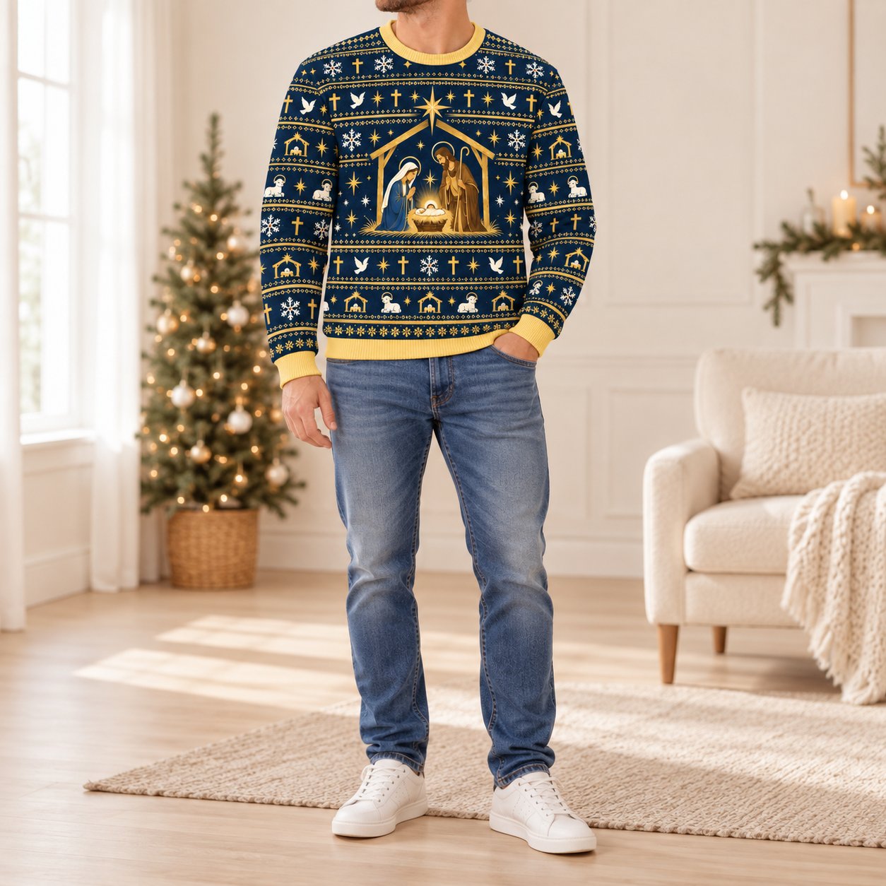 Nativity Scene Ugly Christmas Sweater, Holy Family Christian Holiday Sweatshirt, Religious Xmas Pullover, Faith Gift for Men Women XMASUS09