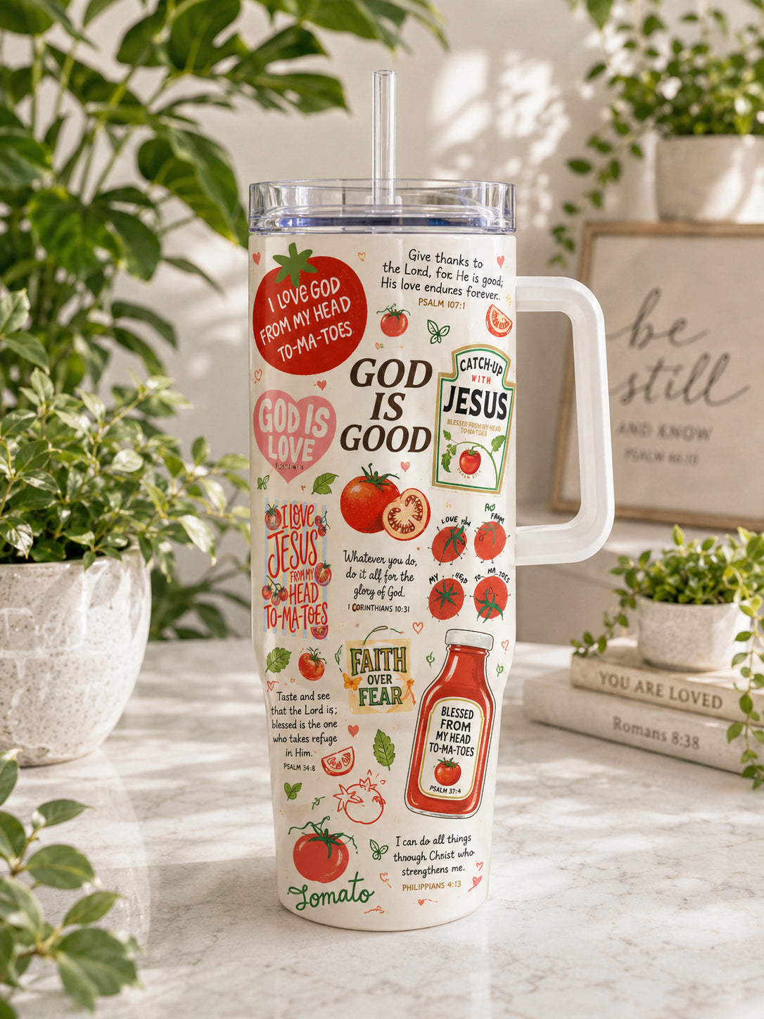 Tomato Faith 30oz/40oz Stainless Steel Tumbler with Handle, Christian Fruits/Bible Travel Mug, Custom Faith Tumbler, Insulated Mug with Straw, Christian Gift TUMB09