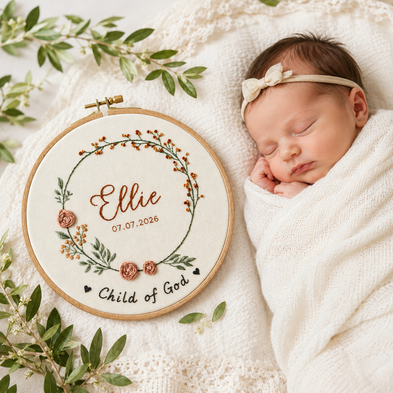 Hand-Embroidered Baby Baptism Keepsake Hoop Art, Embroidered Hoop, Personalized Name Sign, Child Of God, Floral Hoop, Faith Hanging Decor Gift EHA26