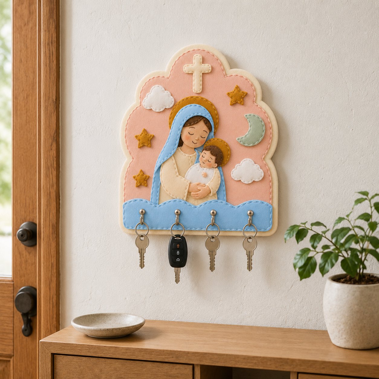 Virgin Mary and Baby Jesus Wall Felt Key Holder, Christian Wall Key Rack, Handmade Catholic Home Decor, Religious Housewarming Gift, Felt Custom FELTHD08