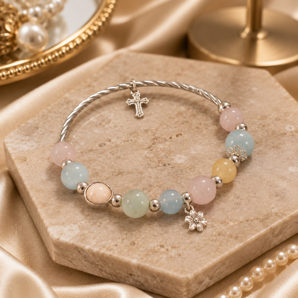 Full Beryl Bracelet With Pendant, Flower Catholic Jewelry, Silver Stone Bracelet For Women, Catholic Bracelet BRLAF12