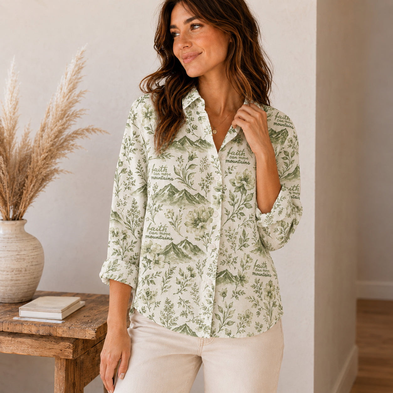 Faith Can Move Mountains Casual Button Shirt, Christian Women’s Blouse, Floral Mountain Faith Shirt, Religious Gift for Her CS08