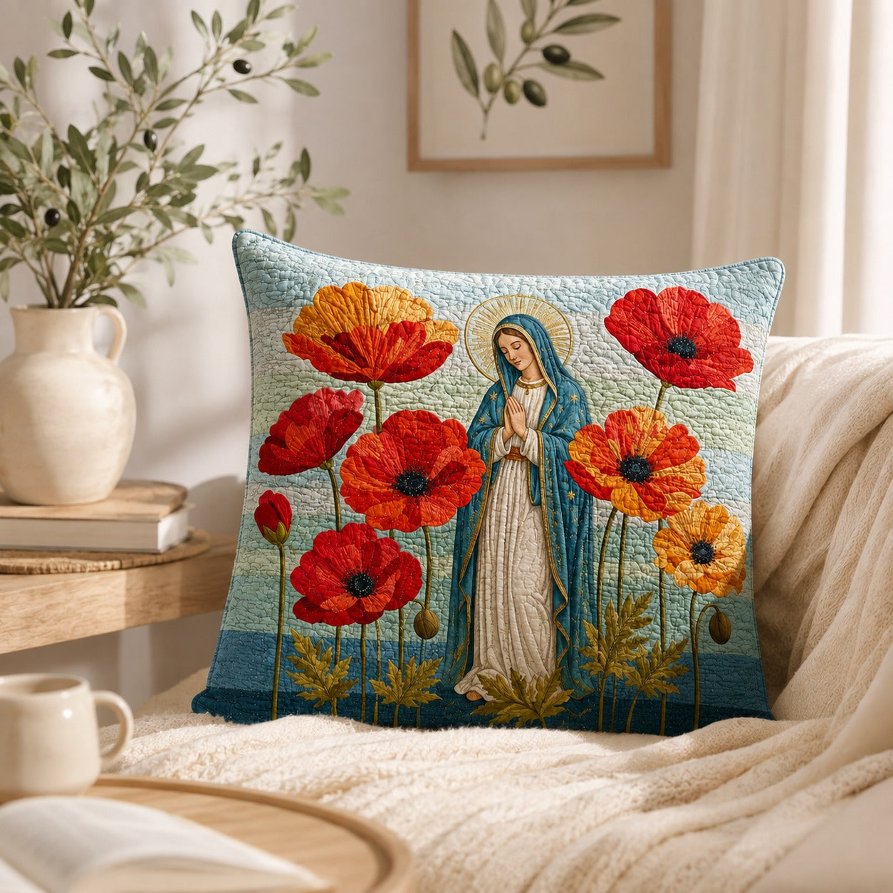 Virgin Mary Poppy Flower Quilted Pillow Case, Our Lady Catholic Pillow Cover, Marian Christian Home Decor, Religious Gift QPILLOW08