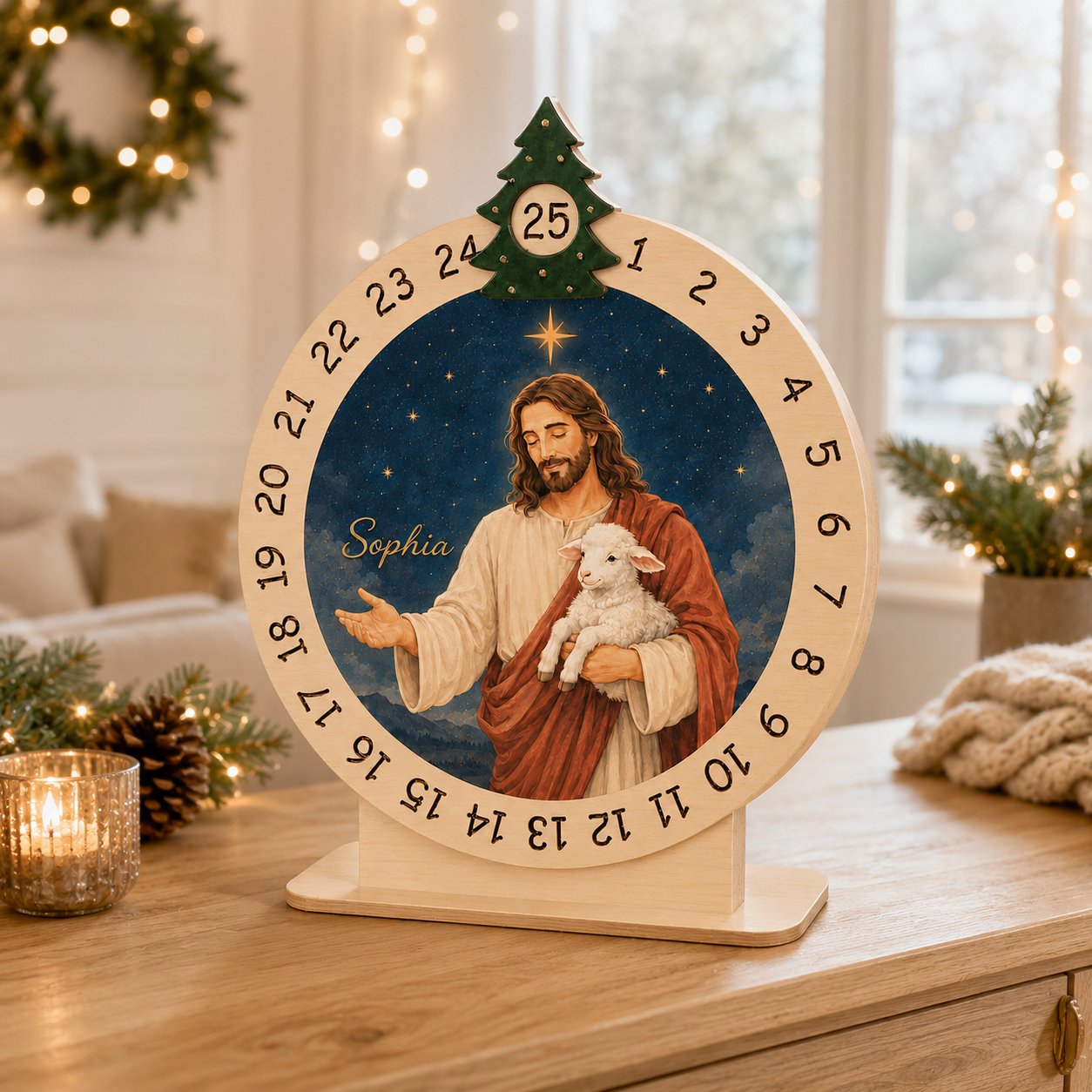 Wooden Jesus Lamb Advent Calendar, Jesus Christmas Wooden Sign, Custom Tabletop Religious Gift, Spinning Wheel Christmas Countdown Decor, Religious Christian Christmas Gift XMASW06