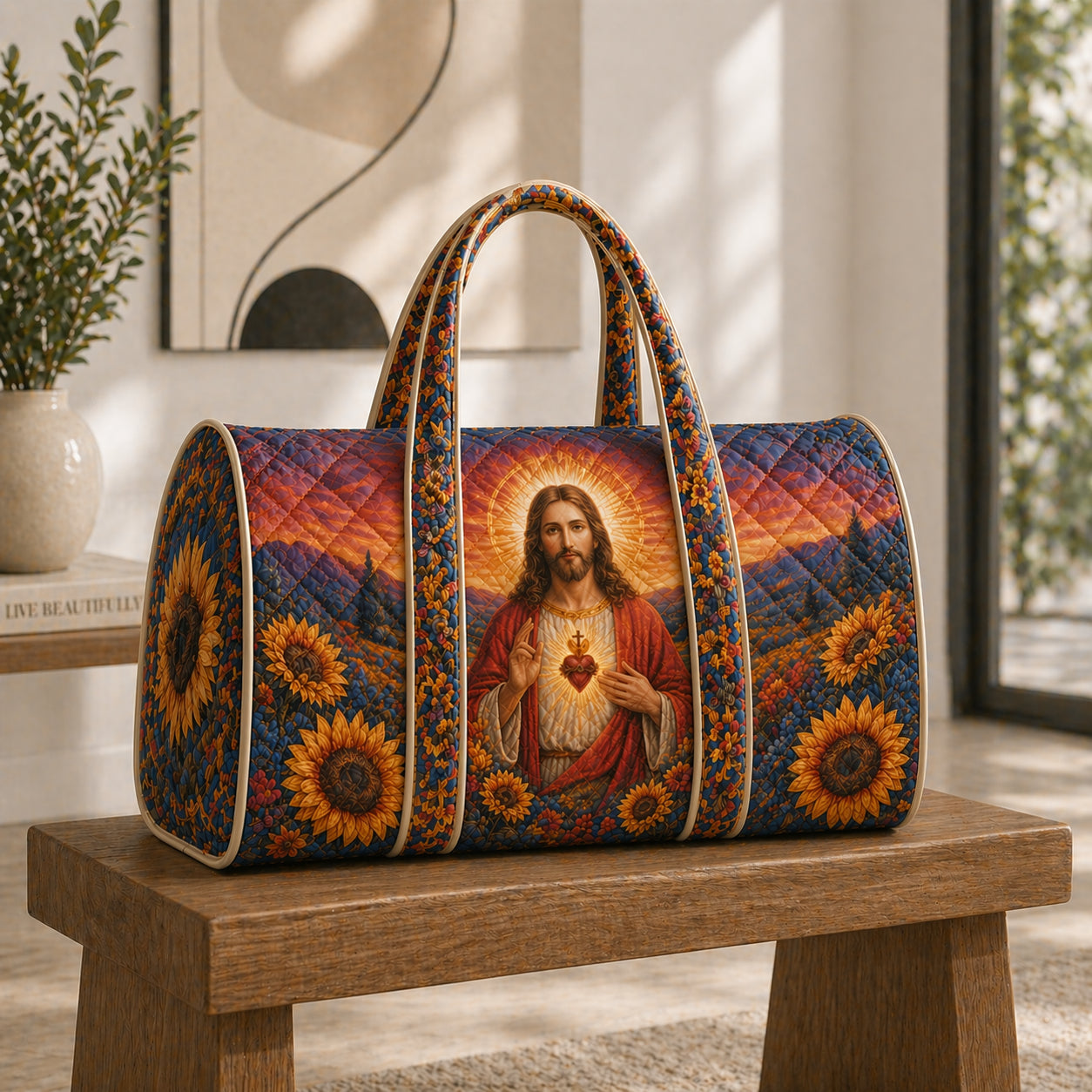 Sacred Heart Jesus Quilted Duffle Bag, Christian Faith Weekender Bag, Sunflower Religious Travel Bag, Catholic Gift For Women QDB09
