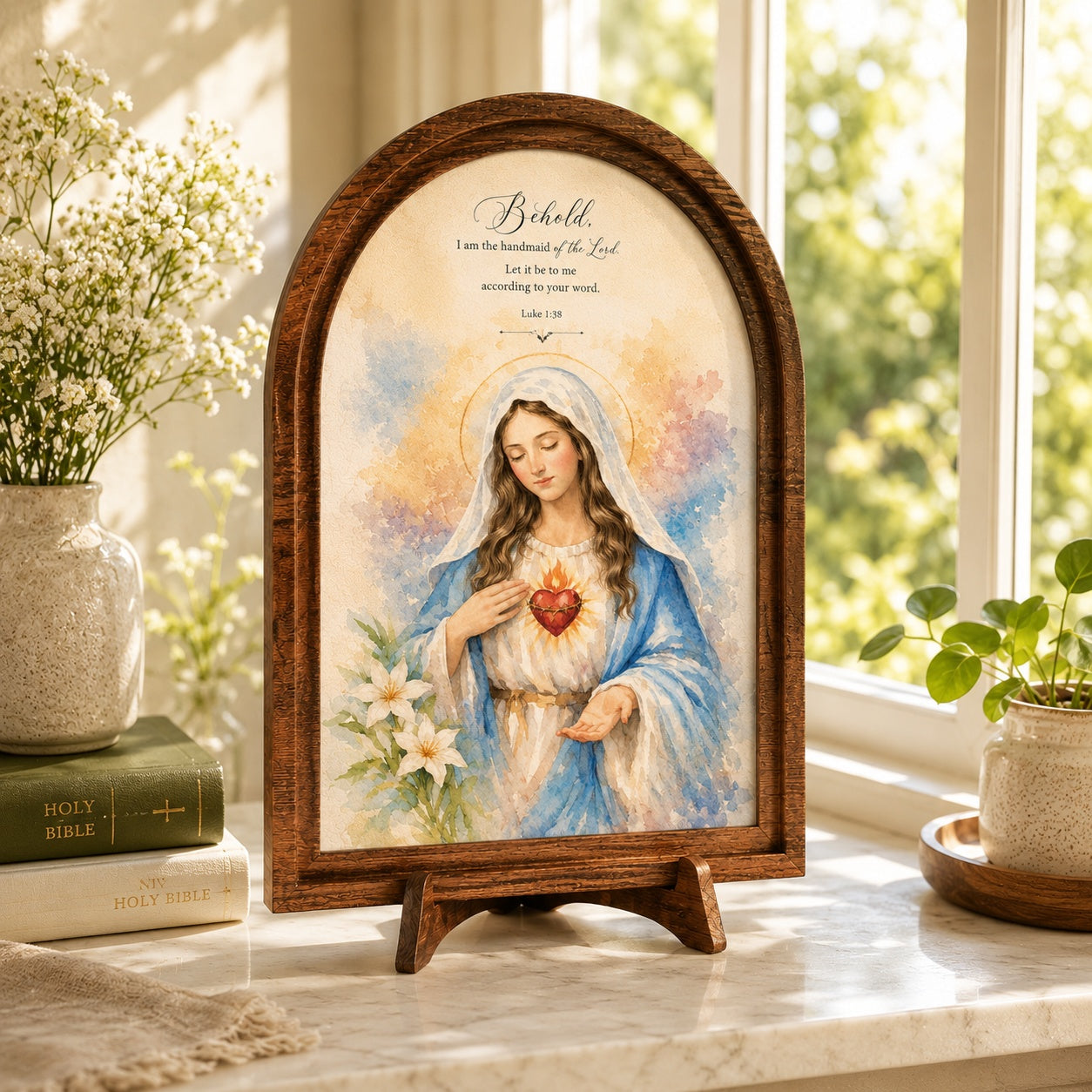 Immaculate Heart of Mary Watercolor Art Wooden Sign, Our Lady Sign, Arched Tabletop Plaque, Catholic Home Decor & Spiritual Gift WS09