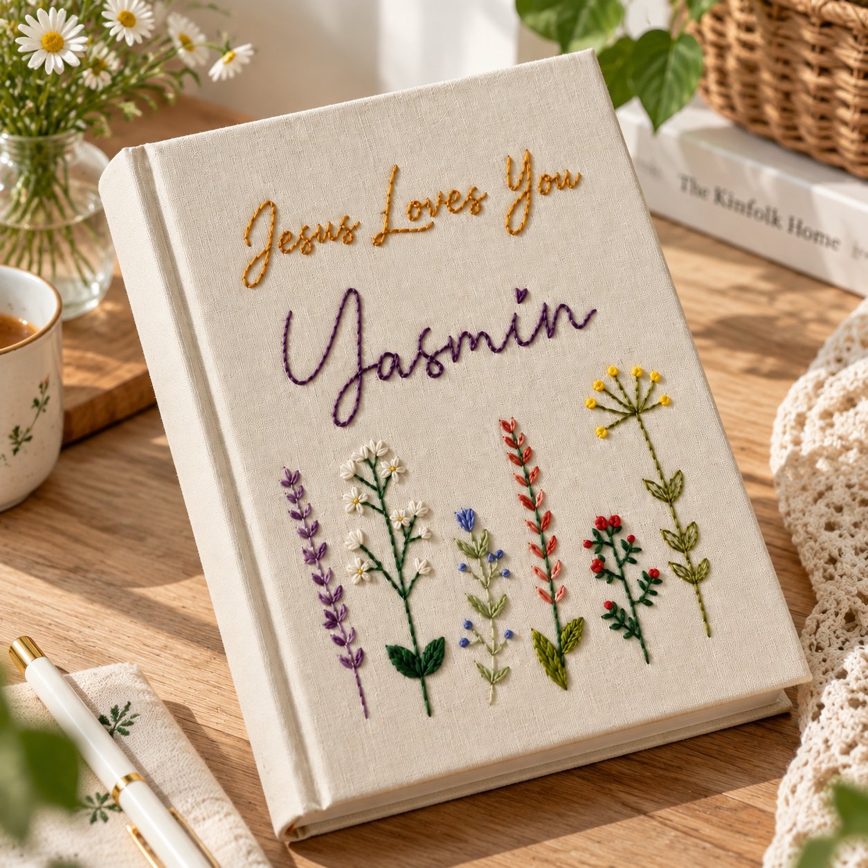 Personalized Christian Hand-Embroidery Journal, Jesus Loves You Notebook, Floral Linen Bible Journal, Custom Prayer Notebook, Embroidery Faith Gift NB11