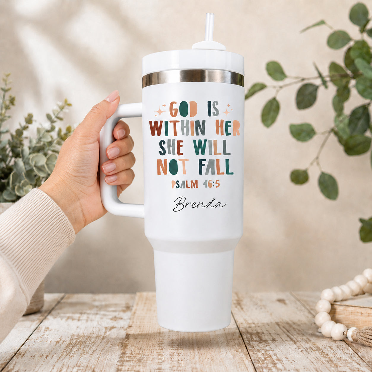God Is Within Her She Will Not Fall Tumbler, Psalm 46:5 Bible Verse Cup with Handle, Christian Gift for Her LAFN08