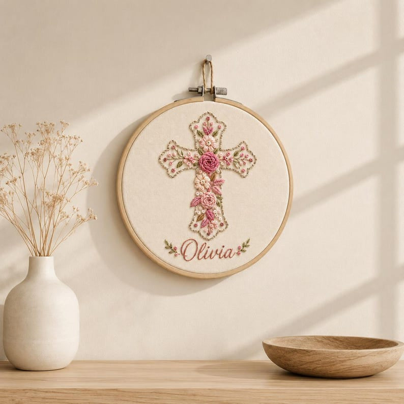 Personalized Floral Rose Cross Embroidery Hoop Art, Custom Name Christian Wall Decor, Baptism Gift, Handmade Religious Keepsake EH13