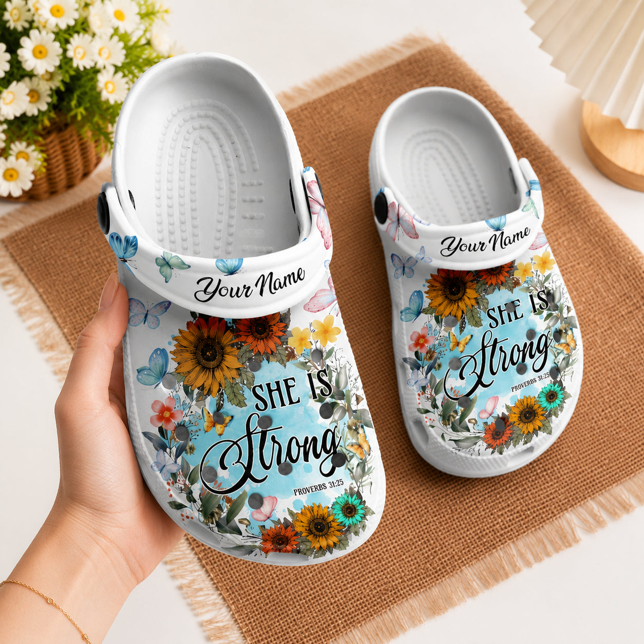 Christian Floral Butterfly Clogs, She Is Strong Proverbs 31:25 Clogs, Inspirational Christian Clogs, Slip-on Shoes, Kid Adult Comfort Shoes CLOGS08