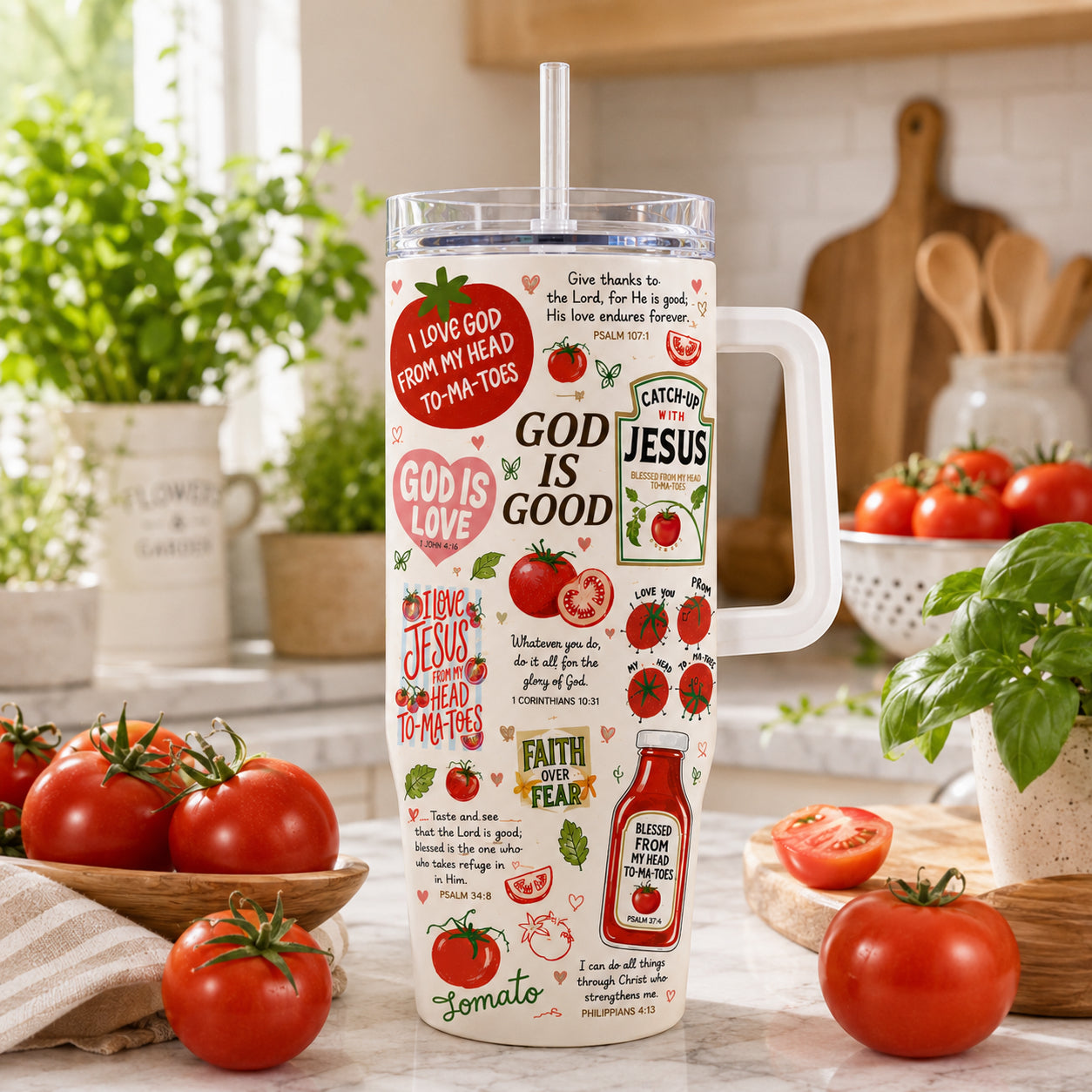 Tomato Faith 30oz/40oz Stainless Steel Tumbler with Handle, Christian Fruits/Bible Travel Mug, Custom Faith Tumbler, Insulated Mug with Straw, Christian Gift TUMB09
