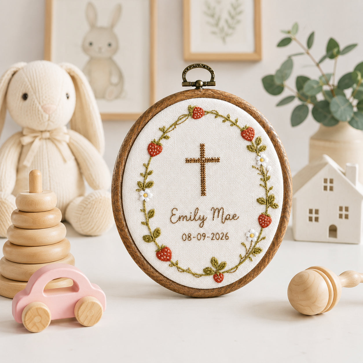 Personalized Hand Embroidered Strawberry Floral Cross Hoop Art, Custom Baby Name and Baptism, Floral Christian Keepsake, Christian Hoop Art, Nursery Gift EHA37
