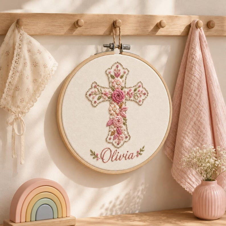 Personalized Floral Rose Cross Embroidery Hoop Art, Custom Name Christian Wall Decor, Baptism Gift, Handmade Religious Keepsake EH13