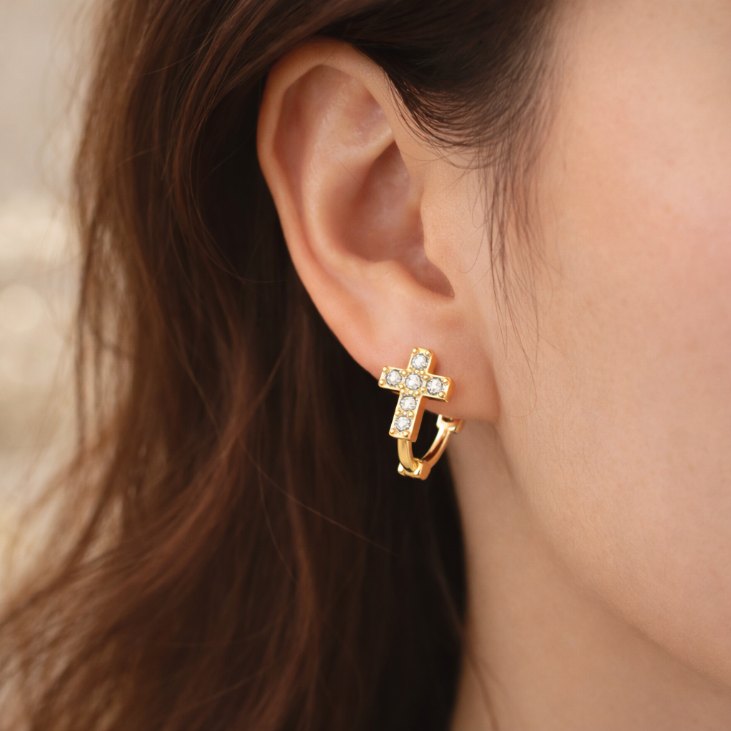 Catholic Cross Earrings, S925 Sterling Silver Gold Plated, Crystal Cross Stud Earrings, Christian Jewelry, Faith Inspired Gift, Elegant Religious Earrings
